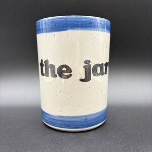 Grey Blue Striped Heavy Kitchen Crock Utensils Jar Organizer Stoneware Pottery